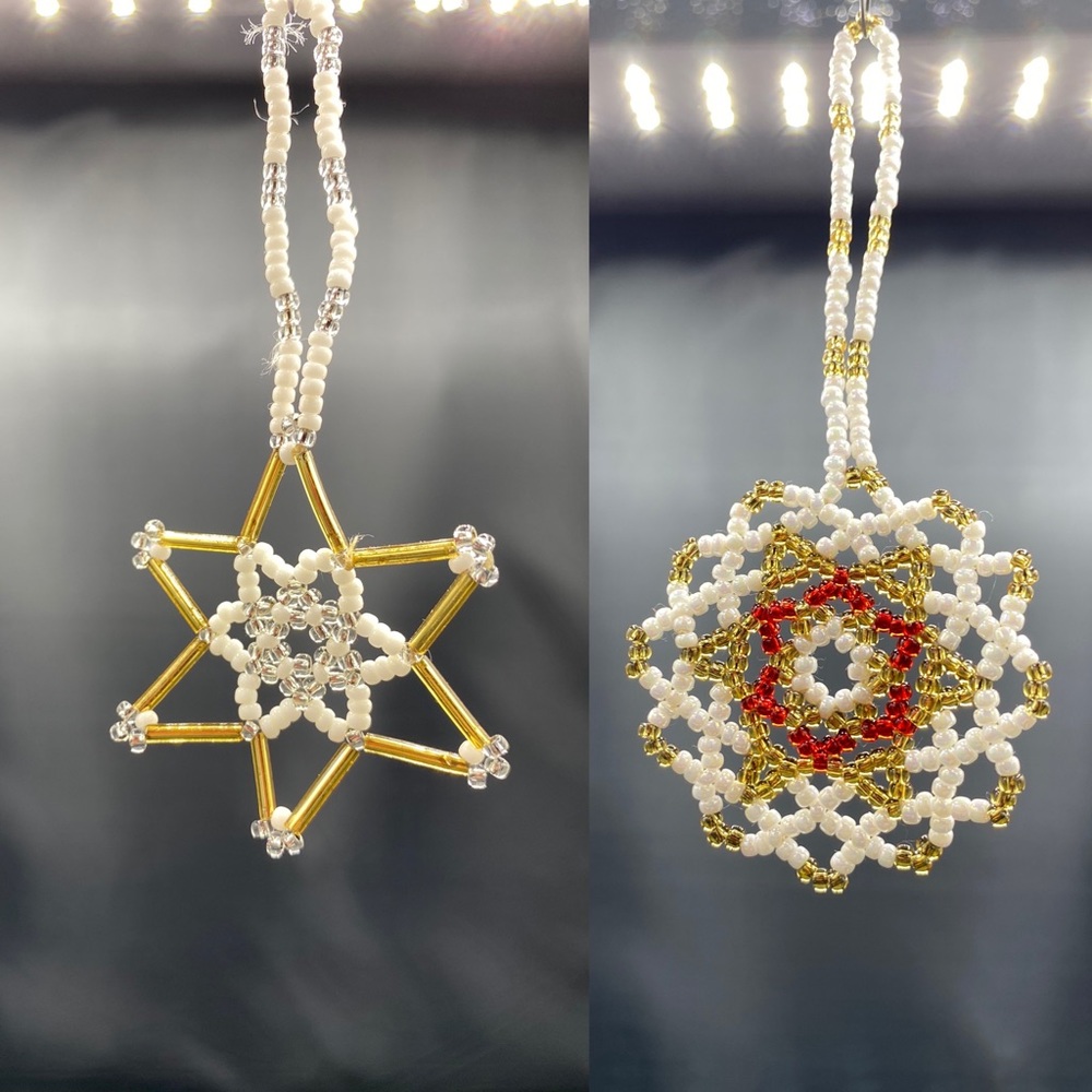 2 Antique Czech Gablonz Beaded Star + Snowflake Christmas Ornament Vtg Norway